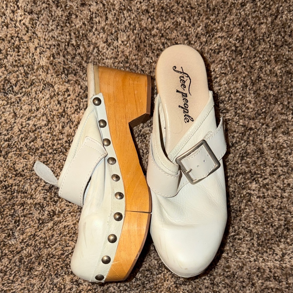 Free People Cream Mules with Wooden Heel